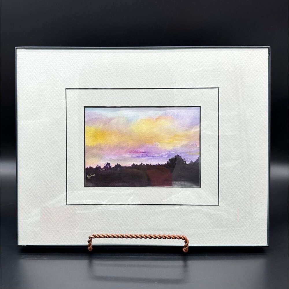 Watercolor Painting Evening Sky Purple Yellow Signed Original Wall Art J Scott